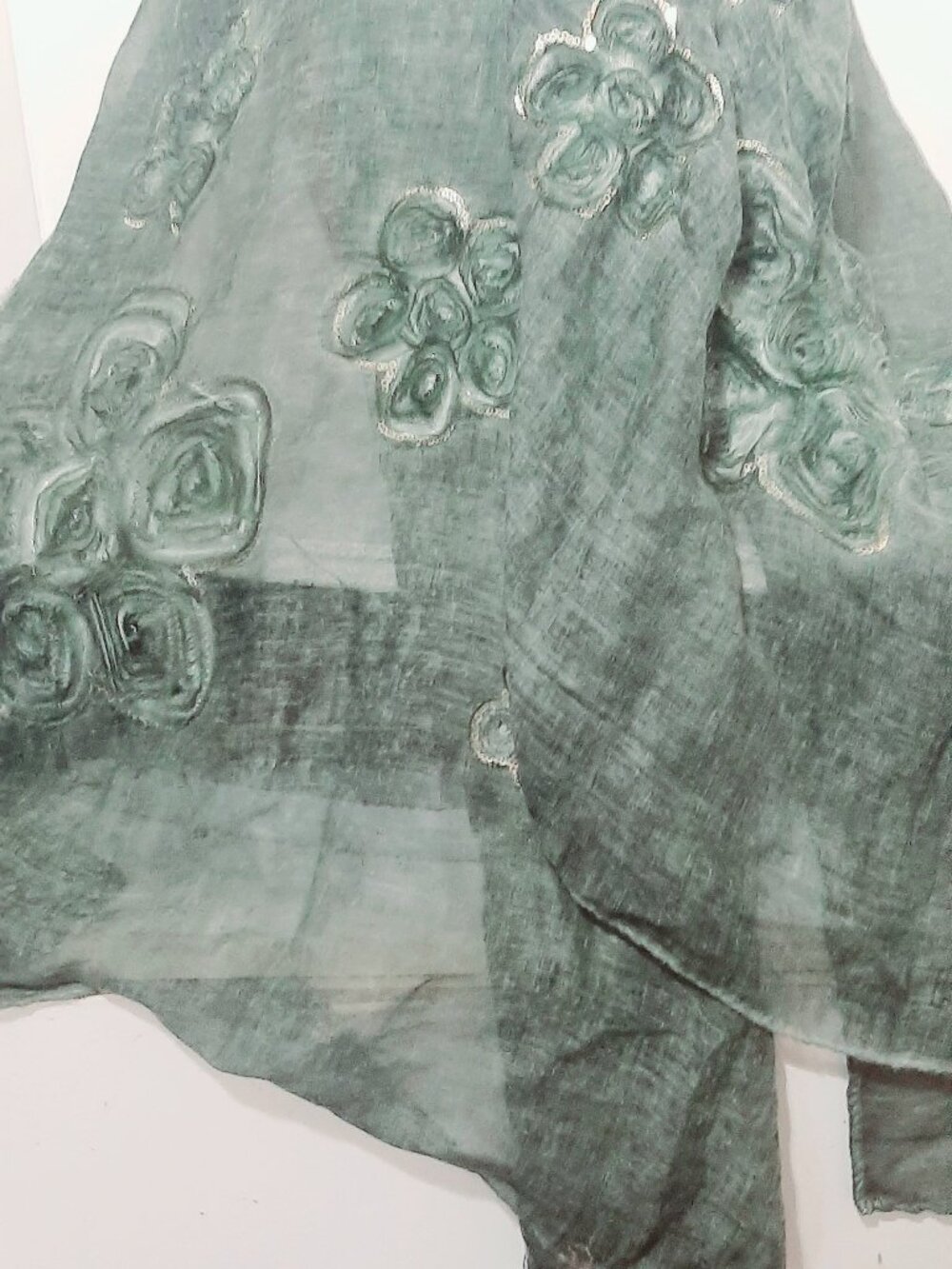 100 % Viscose Lightweight Forest Green Shawl with Roses and Gold Sequins